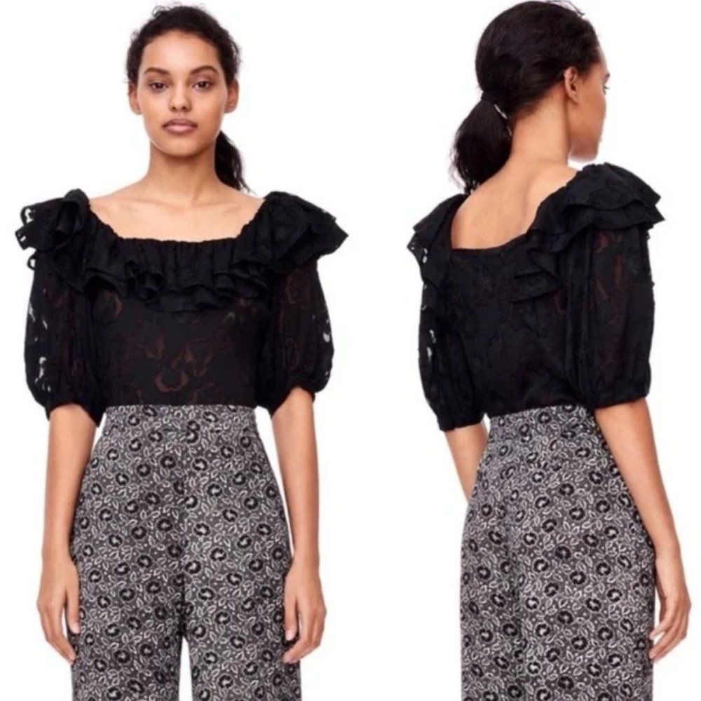 Rebecca Taylor Black Satin Jacquard Ruffle Top Size 10